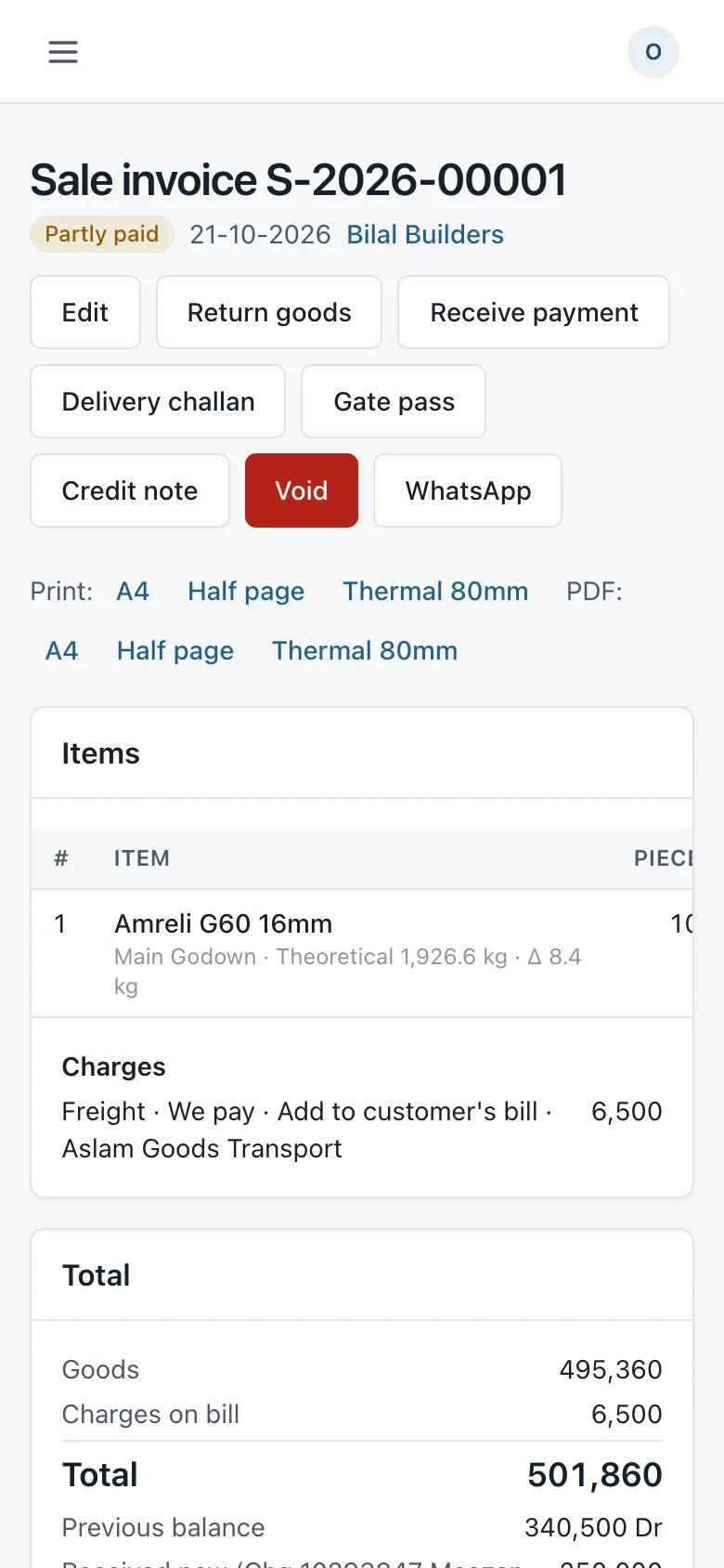 A sale invoice on the phone with print, PDF and WhatsApp