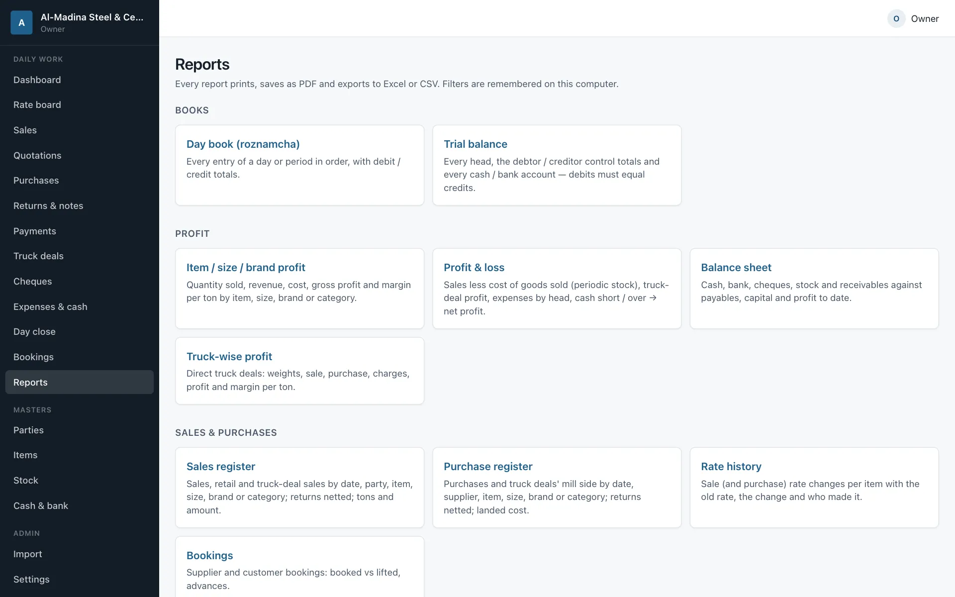 The reports page: day book, trial balance, profit and loss, balance sheet, truck-wise profit and more